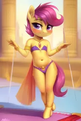 Size: 512x768 | Tagged: suggestive, banned from derpibooru, machine learning generated, ponybooru import, scootaloo, anthro, pegasus, unguligrade anthro, belly button, belly dancer, belly dancer outfit, blushing, breasts, dancing, delicious flat chest, detailed background, female, image, jewelry, lolicon, looking at you, necklace, png, skimpy outfit, small breasts, smiling, solo, solo female, underage