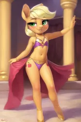 Size: 512x768 | Tagged: suggestive, banned from derpibooru, machine learning generated, ponybooru import, applejack, anthro, earth pony, unguligrade anthro, age regression, belly button, belly dancer, belly dancer outfit, blushing, breasts, dancing, delicious flat chest, detailed background, female, image, jpeg, lolicon, looking at you, skimpy outfit, small breasts, smiling, solo, underage