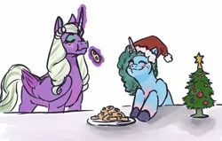 Size: 2048x1300 | Tagged: safe, artist:mayugraffiti, derpibooru import, alicorn, pony, unicorn, g5, spoiler:g5, blushing, christmas, duo, duo female, female, food, freckles, glow, glowing horn, hat, holiday, horn, image, jpeg, magic, magic aura, misty brightdawn, opaline arcana, santa hat, simple background, smiling, telekinesis, unshorn fetlocks, white background