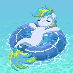 Size: 3000x3000 | Tagged: safe, artist:gor1ck, derpibooru import, oc, oc:siriusnavigator, unofficial characters only, pony, seapony (g4), belly, chillaxing, commission, digital art, dorsal fin, eyes closed, female, image, inflatable, inner tube, jpeg, mare, pool toy, scales, seaponified, smiling, solo, species swap, spread wings, tail, water, wings, ych result