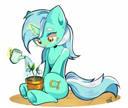 Size: 1668x1408 | Tagged: safe, artist:pledus, derpibooru import, lyra heartstrings, pony, unicorn, eyebrows, eyebrows visible through hair, flower, flower pot, image, jpeg, levitation, magic, sitting, solo, telekinesis, underhoof, watering can