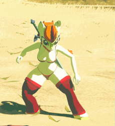 Size: 811x885 | Tagged: suggestive, derpibooru import, autumn blaze, anthro, kirin, unguligrade anthro, 3d, animated, botw pony pack, bra, breasts, clothes, game mod, gif, image, leg warmers, panties, sand, stretching, sword, the legend of zelda, the legend of zelda: breath of the wild, thighs, thong, thunder thighs, underwear, video game, weapon