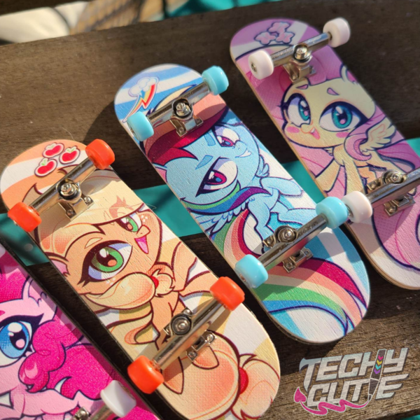 Size: 2138x2138 | Tagged: safe, artist:techycutie, derpibooru import, applejack, fluttershy, pinkie pie, rainbow dash, earth pony, pegasus, cutie mark, fingerboard, grin, image, irl, lightning, merchandise, photo, png, skateboard, smiling, tech deck, watermark