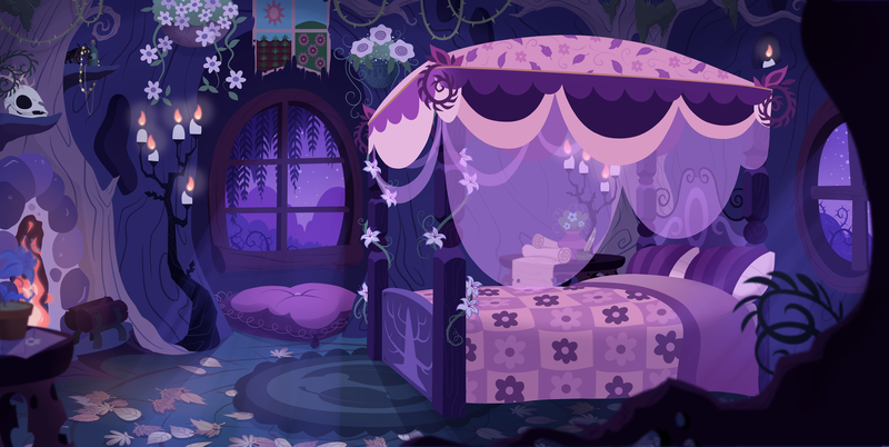 Size: 6186x3106 | Tagged: safe, artist:shadowwolf, derpibooru import, timber wolf, background, bed, candle, fireplace, flower, high res, image, indoors, jewelry, leaves, night, pillow, plant, plants, png, room, scroll, skull, stars, tree, wallpaper, window
