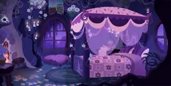 Size: 6186x3106 | Tagged: safe, artist:shadowwolf, derpibooru import, timber wolf, background, bed, candle, fireplace, flower, high res, image, indoors, jewelry, leaves, night, pillow, plant, plants, png, room, scroll, skull, stars, tree, wallpaper, window