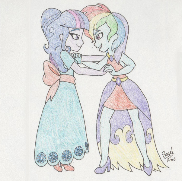 Size: 1406x1400 | Tagged: safe, artist:bageloftime, derpibooru import, rainbow dash, twilight sparkle, twilight sparkle (alicorn), alicorn, human, equestria girls, clothes, dress, female, gala dress, holiday, humanized, image, jpeg, lesbian, long dress, long skirt, shipping, skirt, twidash, valentine, valentine's day