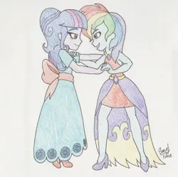 Size: 1406x1400 | Tagged: safe, artist:bageloftime, derpibooru import, rainbow dash, twilight sparkle, twilight sparkle (alicorn), alicorn, human, equestria girls, clothes, dress, female, gala dress, holiday, humanized, image, jpeg, lesbian, long dress, long skirt, shipping, skirt, twidash, valentine, valentine's day