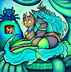 Size: 7566x7684 | Tagged: safe, artist:facadeart, derpibooru import, queen chrysalis, oc, oc:fire hearth, oc:trex vyrax, changeling, bed, bedroom, bedroom eyes, changeling oc, choker, clothes, colored, colored background, green eyes, horn, image, jpeg, medal, socks, stockings, tail, tail wrap, thigh highs, video camera, yellow changeling