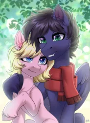 Size: 2060x2800 | Tagged: safe, artist:hakaina, derpibooru import, oc, oc:fenris ebonyglow, oc:kara waypoint, unofficial characters only, earth pony, pegasus, pony, belly, blue eyes, blurry background, cheek fluff, chest fluff, clothes, colored, commission, concave belly, couple, cute, duo, ear fluff, eyelashes, fangs, fluffy, green eyes, grin, height difference, high res, hoof fluff, hug, image, jewelry, looking at each other, looking at someone, necklace, ocbetes, partially open wings, png, raised hoof, scarf, shading, shiny eyes, signature, sitting, slim, slit pupils, smiling, smiling at each other, thin, unshorn fetlocks, wings, ych result