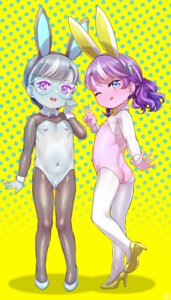 Size: 1477x2581 | Tagged: questionable, artist:born-to-die, banned from derpibooru, diamond tiara, silver spoon, equestria girls, bunny ears, bunny suit, child, clothes, female, image, lolicon, playboy bunny diamond tiara, playboy bunny silver spoon, png, reverse bunny suit, underage, young, younger