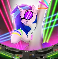 Size: 4268x4320 | Tagged: safe, artist:etheria galaxia, derpibooru import, vinyl scratch, pony, unicorn, absurd resolution, disc jockey, dj booth, female, glow rings, glowstick, image, mare, neon, party, png, rave, solo, vinyl's glasses, watermark