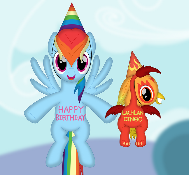 Size: 929x860 | Tagged: safe, artist:porygon2z, derpibooru import, rainbow dash, oc, oc:heatwave, gryphon, pegasus, pony, duo, griffon oc, hat, image, party hat, png