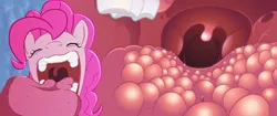 Size: 1600x675 | Tagged: suggestive, artist:feedfancier, derpibooru import, pinkie pie, commission, eyes closed, fanart, fetish, image, jpeg, macro, micro, offscreen character, open mouth, patreon, patreon reward, pov, size difference, soft vore, taste buds, tiny, tongue out, tooth, uvula, vore