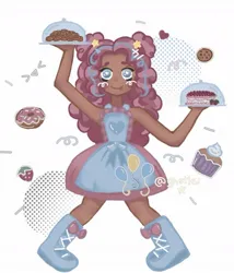 Size: 965x1127 | Tagged: safe, artist:biliache, derpibooru import, pinkie pie, human, alternate hairstyle, boots, cake, clothes, cookie, cupcake, cute, dark skin, diapinkes, donut, dress, female, food, heart, humanized, image, jpeg, plate, shoes, solo, strawberry, tray