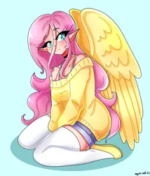 Size: 1800x2100 | Tagged: safe, artist:mylittleyuri, derpibooru import, fluttershy, human, blue background, blushing, bra, bra strap, choker, clothes, cute, elf ears, female, flats, humanized, image, kneeling, png, shoes, shorts, shyabetes, simple background, socks, solo, stockings, sweater, sweatershy, thigh highs, underwear, winged humanization, wings