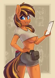 Size: 2480x3508 | Tagged: suggestive, artist:dandy, derpibooru import, oc, oc:cassette, unofficial characters only, anthro, earth pony, ass, belt, big breasts, boobs and butt pose, breasts, butt, clipboard, clothes, ear fluff, earth pony oc, erect nipples, eyebrows, eyebrows visible through hair, female, image, looking at you, midriff, nipple outline, png, rule 63, short shirt, shorts, solo, solo female, tight clothing, underboob
