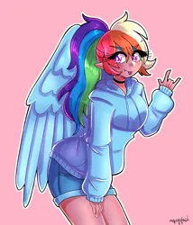 Size: 1800x2100 | Tagged: safe, artist:mylittleyuri, derpibooru import, rainbow dash, human, :p, alternate hairstyle, blushing, choker, clothes, cute, cute little fangs, dashabetes, devil horn (gesture), elf ears, fangs, female, hoodie, humanized, image, pink background, png, ponytail, rainbow dash day, shorts, simple background, solo, tan skin, tongue out, winged humanization, wings
