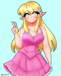 Size: 1589x1984 | Tagged: safe, artist:mylittleyuri, derpibooru import, lily, lily valley, human, blue background, blushing, clothes, cute, dress, elf ears, female, flower, flower in hair, humanized, image, peace sign, png, simple background, solo