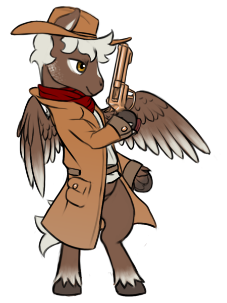 Size: 768x1024 | Tagged: safe, artist:multiverseequine, derpibooru import, oc, oc:easy shot, unofficial characters only, pegasus, pony, bipedal, clothes, coat, colored wings, cowboy hat, derpibooru exclusive, facial markings, full body, gun, handgun, hat, image, male, neckerchief, pegasus oc, png, revolver, shirt, simple background, solo, stallion, transparent background, two toned wings, unshorn fetlocks, weapon, wings