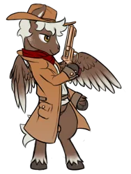 Size: 768x1024 | Tagged: safe, artist:multiverseequine, derpibooru import, oc, oc:easy shot, unofficial characters only, pegasus, pony, bipedal, clothes, coat, colored wings, cowboy hat, derpibooru exclusive, facial markings, full body, gun, handgun, hat, image, male, neckerchief, pegasus oc, png, revolver, shirt, simple background, solo, stallion, transparent background, two toned wings, unshorn fetlocks, weapon, wings