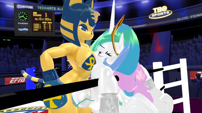 Size: 1320x740 | Tagged: questionable, artist:camper222, derpibooru import, princess celestia, alicorn, anthro, series:ankh deafeats princess celestia, 3d, animal crossing, ankha, bikini, boxing, boxing gloves, cg, clothes, crossover, image, mmd, png, sports, swimsuit