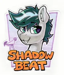 Size: 1324x1552 | Tagged: safe, artist:dandy, derpibooru import, oc, oc:shadow beat, unofficial characters only, earth pony, pony, badge, bust, con badge, copic, ear fluff, earth pony oc, image, looking at you, male, martini glass, png, portrait, solo, text, traditional art