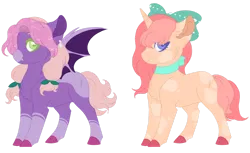 Size: 1280x781 | Tagged: safe, artist:kaenashepard, derpibooru import, oc, unofficial characters only, bat pony, pony, unicorn, base used, bat pony oc, bat wings, bow, cheek fluff, chest fluff, coat markings, duo, ear fluff, female, hair bow, image, magical lesbian spawn, mare, offspring, parent:big macintosh, parent:pinkie pie, parent:princess luna, parent:sunset shimmer, parents:lunamac, parents:sunsetpie, png, socks (coat marking), spread wings, wings