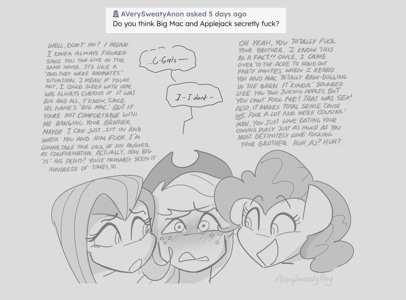 Size: 1536x1132 | Tagged: suggestive, artist:averysweatyboy, derpibooru import, applejack, fluttershy, pinkie pie, earth pony, pegasus, pony, ask, blushing, blushing profusely, dialogue, embarrassed, female, gray background, grayscale, image, implied applecest, implied applemac, implied applepie, implied big macintosh, implied cunnilingus, implied fluttermac, implied honorary incest, implied incest, implied lesbian, implied oral, implied sex, implied shipping, implied straight, mare, monochrome, png, simple background, sweat, trio, trio female