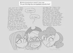 Size: 1536x1132 | Tagged: suggestive, artist:averysweatyboy, derpibooru import, applejack, fluttershy, pinkie pie, earth pony, pegasus, pony, ask, blushing, blushing profusely, dialogue, embarrassed, female, gray background, grayscale, image, implied applecest, implied applemac, implied applepie, implied big macintosh, implied cunnilingus, implied fluttermac, implied honorary incest, implied incest, implied lesbian, implied oral, implied sex, implied shipping, implied straight, mare, monochrome, png, simple background, sweat, trio, trio female