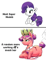 Size: 2160x2899 | Tagged: safe, artist:applephil, derpibooru import, carrot bun, rarity, pony, unicorn, 2 panel comic, background pony, comic, duo, female, frown, grammar error, high res, image, lying down, mare, png, prone, simple background, sitting, text, unamused, white background