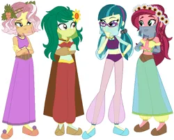 Size: 730x588 | Tagged: safe, artist:elsie1234, derpibooru import, gloriosa daisy, juniper montage, vignette valencia, wallflower blush, human, equestria girls, arabian, base used, belly dancer outfit, clothes, dress, female, image, midriff, png, simple background, veil, white background