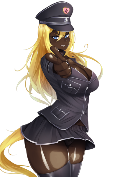 Size: 3621x5120 | Tagged: safe, artist:aryanne, edit, oc, oc:aryanne, unofficial characters only, human, blackwashing, blonde, blonde hair, blue eyes, cap, clothes, dark skin, hat, humanized, image, looking at you, nazi, panties, peaked cap, png, pointing, pointing at you, simple background, skirt, socks, solo, tailed humanization, thigh highs, transparent background, underwear, uniform