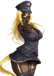 Size: 3621x5120 | Tagged: safe, artist:aryanne, edit, oc, oc:aryanne, unofficial characters only, human, blackwashing, blonde, blonde hair, blue eyes, cap, clothes, dark skin, hat, humanized, image, looking at you, nazi, panties, peaked cap, png, pointing, pointing at you, simple background, skirt, socks, solo, tailed humanization, thigh highs, transparent background, underwear, uniform