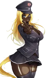 Size: 3621x5120 | Tagged: safe, artist:aryanne, edit, oc, oc:aryanne, unofficial characters only, human, blackwashing, blonde, blonde hair, blue eyes, cap, clothes, dark skin, hat, humanized, image, looking at you, nazi, panties, peaked cap, png, pointing, pointing at you, simple background, skirt, socks, solo, tailed humanization, thigh highs, transparent background, underwear, uniform, white panties