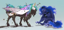 Size: 1741x808 | Tagged: safe, artist:hazurasinner, princess celestia, princess luna, alicorn, pony, blushing, butt, commission, duo, female, frown, horn, horn impalement, image, jpeg, leaves, leaves in hair, mare, mud, muddy, plot, royal sisters, siblings, sisters, smiling, stick, stifling laughter, sunbutt, twigs, watermark
