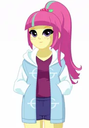 Size: 836x1199 | Tagged: safe, artist:rosemile mulberry, derpibooru import, sour sweet, equestria girls, clothes, cute, female, freckles, hand in pocket, image, jpeg, looking at you, shorts, simple background, smiling, solo, white background