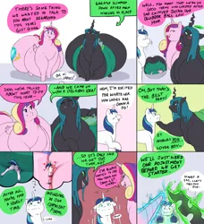Size: 2000x2189 | Tagged: suggestive, artist:sirmasterdufel, derpibooru import, princess cadance, queen chrysalis, shining armor, alicorn, changeling, pony, series:shining armor hearts and hooves drive, belly, big belly, bisexual, butt, chrysarmordance, comic, fat, female, huge belly, huge butt, image, impossibly large belly, impossibly large butt, large butt, lesbian, magic, male, morbidly obese, obese, png, polyamory, princess decadence, shipping, straight, this will end in weight gain