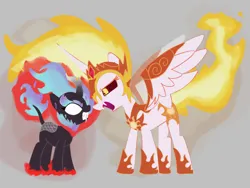 Size: 2800x2100 | Tagged: safe, artist:omelettepony, derpibooru import, daybreaker, alicorn, kirin, nirik, crown, crystal, fangs, fire, gray background, horn, image, jewelry, looking at each other, looking at someone, mane of fire, open mouth, png, regalia, simple background, spread wings, standing, wings