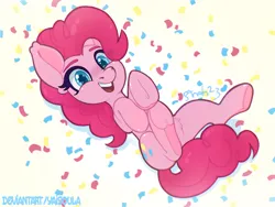 Size: 4490x3373 | Tagged: safe, artist:yaisoula, derpibooru import, pinkie pie, earth pony, pony, confetti, female, high res, image, lying down, mare, on back, open mouth, open smile, png, smiling, solo, underhoof