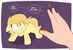 Size: 2268x1538 | Tagged: safe, artist:shinodage, edit, noi, earth pony, human, pony, cheeto dust, dialogue, do not want, exclamation point, female, filly, hand, image, imminent non-consensual petting, offscreen character, png, recolor, solo focus
