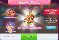 Size: 1283x860 | Tagged: safe, derpibooru import, official, applejack, rainbow dash, twilight sparkle, twilight sparkle (alicorn), alicorn, earth pony, pegasus, pony, bundle, clothes, costs real money, costume, english, female, gameloft, horn, image, jpeg, lunar new year, mare, mobile game, my little pony: magic princess, numbers, spread wings, text, wings