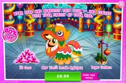 Size: 1967x1298 | Tagged: safe, derpibooru import, official, applejack, earth pony, pony, advertisement, bush, clothes, costs real money, costume, english, female, gameloft, gem, image, jpeg, lantern, lunar new year, mare, mobile game, my little pony: magic princess, numbers, paper lantern, sale, solo, solo focus, text