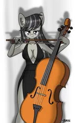Size: 1466x2339 | Tagged: safe, artist:banquo0, derpibooru import, octavia melody, anthro, earth pony, pony, absolute cleavage, bow (instrument), breasts, busty octavia melody, cello, cello bow, cleavage, clothes, dress, female, image, jpeg, lidded eyes, mare, musical instrument, smiling, solo, solo female