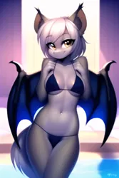 Size: 768x1152 | Tagged: suggestive, derpibooru import, editor:flitter4935, machine learning generated, novelai, stable diffusion, oc, oc:misty inkblot, anthro, bat pony, anthro oc, arm behind head, bat pony oc, bat wings, belly, belly button, big breasts, bikini, breasts, clothes, image, looking at you, midriff, png, sexy, smiling, smiling at you, swimsuit, water, wings