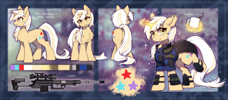 Size: 5335x2351 | Tagged: safe, artist:swaybat, derpibooru import, oc, oc:flash meteor, pony, unicorn, coffee, cutie mark, female, horn, image, mare, png, reference sheet, unicorn oc