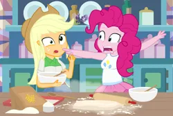 Size: 1350x900 | Tagged: safe, artist:dm29, derpibooru import, applejack, pinkie pie, human, equestria girls, baking, bowl, commission, dough, duo, duo female, female, flour, food, image, kitchen, measuring cup, mixing bowl, open mouth, png, pre sneeze, rolling pin, signature