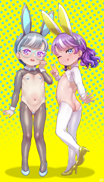 Size: 1477x2581 | Tagged: questionable, artist:born-to-die, banned from derpibooru, ponybooru import, diamond tiara, silver spoon, human, blushing, bowtie, breasts, bunny ears, bunny suit, clothes, delicious flat chest, female, glasses, high heels, humanized, image, light skin, lolicon, modern art, nudity, one eye closed, open mouth, optical illusion, peace sign, png, polka dot background, reverse bunny suit, shoes, small breasts, tongue out, underage, wink