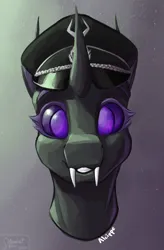 Size: 2490x3800 | Tagged: safe, artist:stardustspix, derpibooru import, oc, oc:alcippe, unofficial characters only, changeling, equestria at war mod, bust, cap, colored eyebrows, colored eyelashes, fangs, front view, german, hat, horn, image, looking at you, nazi, png, portrait, purple changeling, purple eyes, smiling, smiling at you, solo