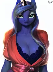 Size: 512x704 | Tagged: suggestive, derpibooru import, edit, machine learning generated, novelai, stable diffusion, princess luna, alicorn, anthro, big breasts, blue eyes, breasts, busty princess luna, cleavage, clothes, derpibooru exclusive, eyeshadow, female, image, jpeg, lace underwear, looking at you, makeup, open clothes, robe, simple background, smiling, smiling at you, solo, solo female, white background