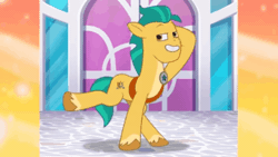 Size: 640x360 | Tagged: safe, derpibooru import, screencap, hitch trailblazer, earth pony, pony, my little pony: tell your tale, spoiler:g5, spoiler:my little pony: tell your tale, spoiler:tyts01e07, animated, arm behind head, clip trot, dancing, g5, gif, image, male, solo, stallion